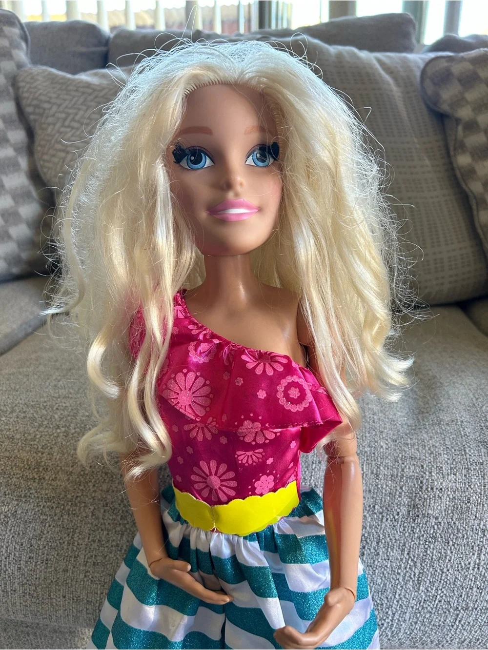 Barbie Fashion Doll Outfit Set - Pink Top with Teal and White Striped Skirt 28”